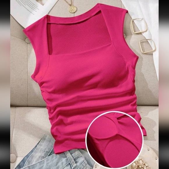 SHEIN Tops - Women Hot Pink Square Neck Fitted Ruched Cropped Tank Top Size XS Summer Spring